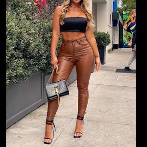 fashion nova brown Double Dare Faux Leather Pants - Camel SIZE SMALL